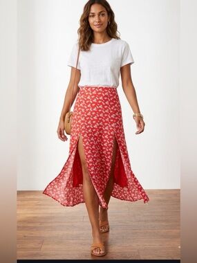 ZARA Red Ditsy Floral Small Midi Skirt with Double Front Slits